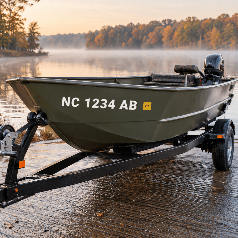 Olive green jon boat with white NC 1234 AB boat registration numbers in 3 inch block letters and validation decal on the bow, ready-to-apply decals made by Oyster Creek in Eden NC