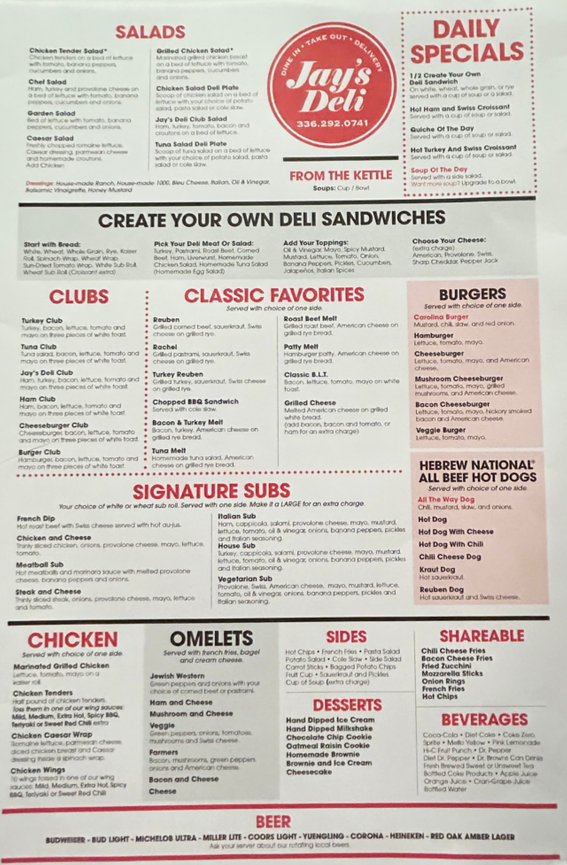 Menu Jay's Deli Greensboro, NC