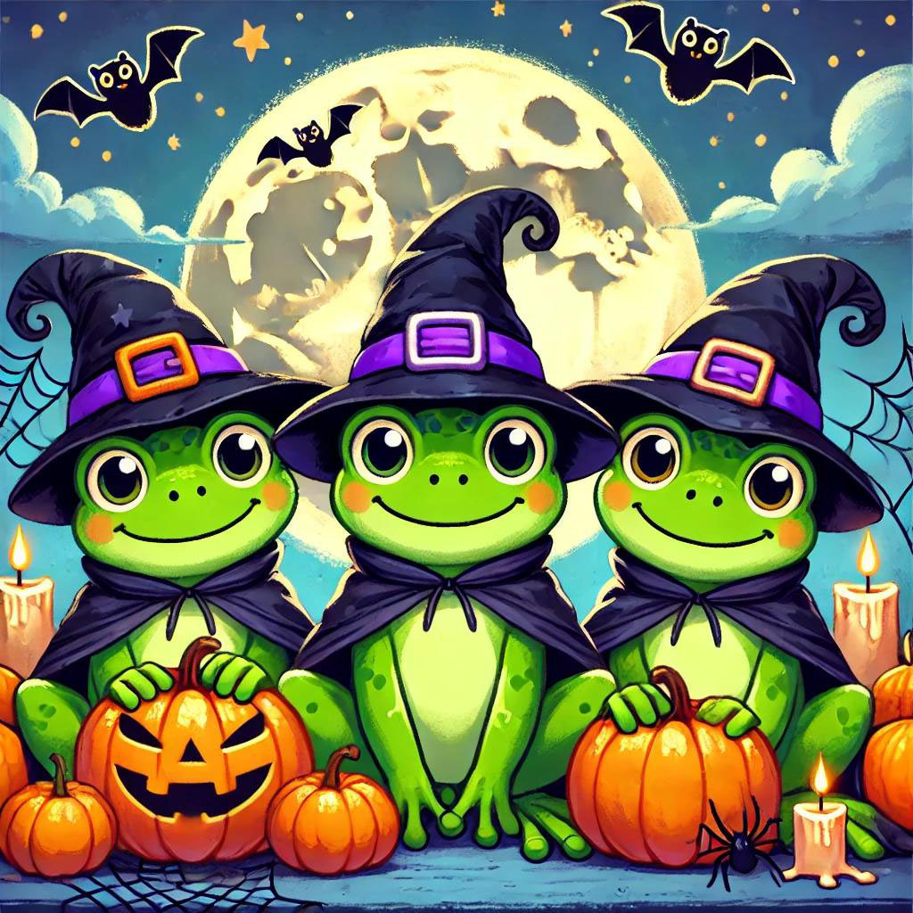 AI image of three frogs dressed as witches with pumpkins and bats